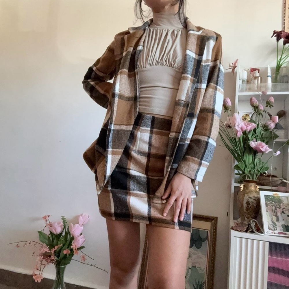 Plaid Brown jacket and skirt outfit size small